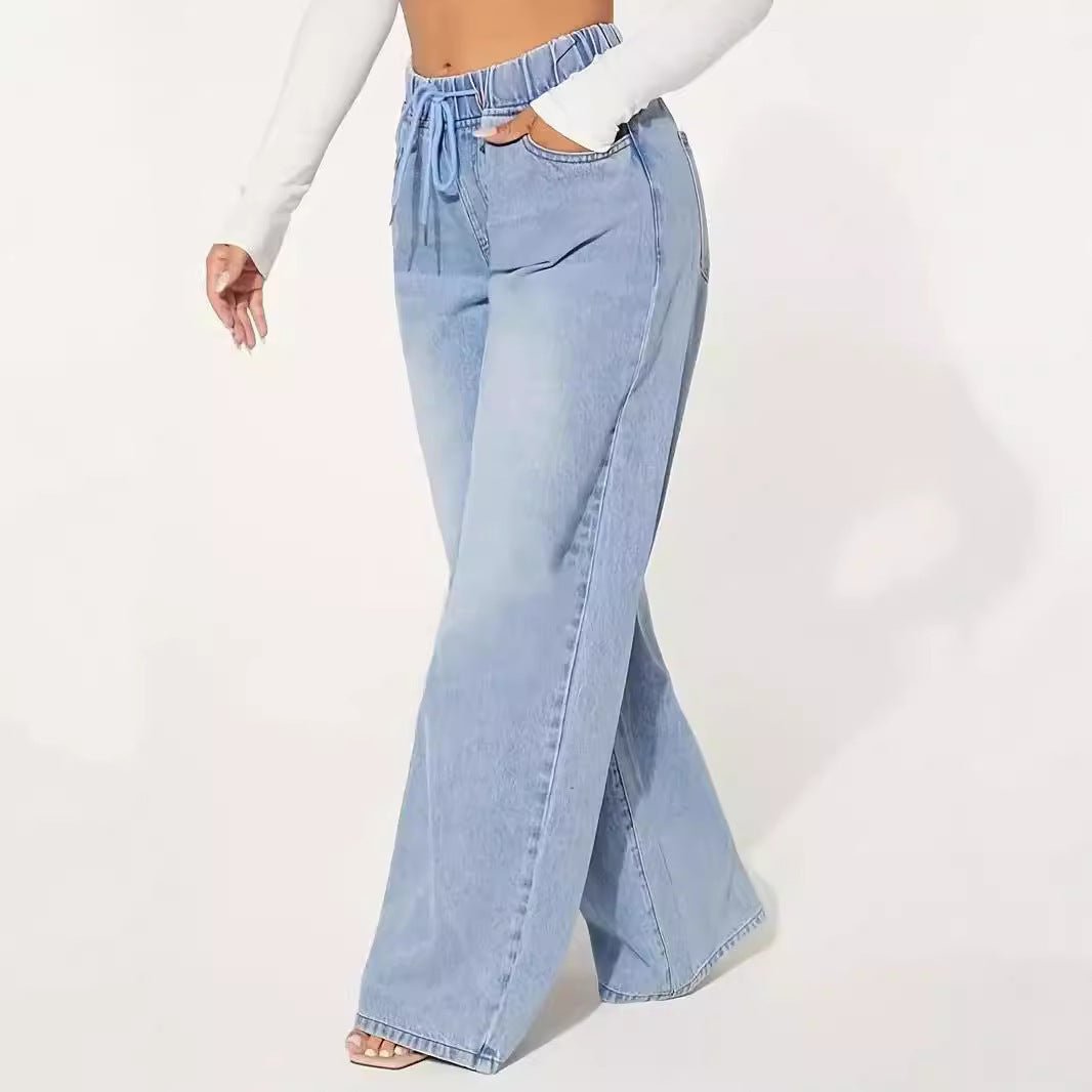 25 Edition – High Waist Drawstring Wide Leg Jeans – Light Blue - AllYearGoods