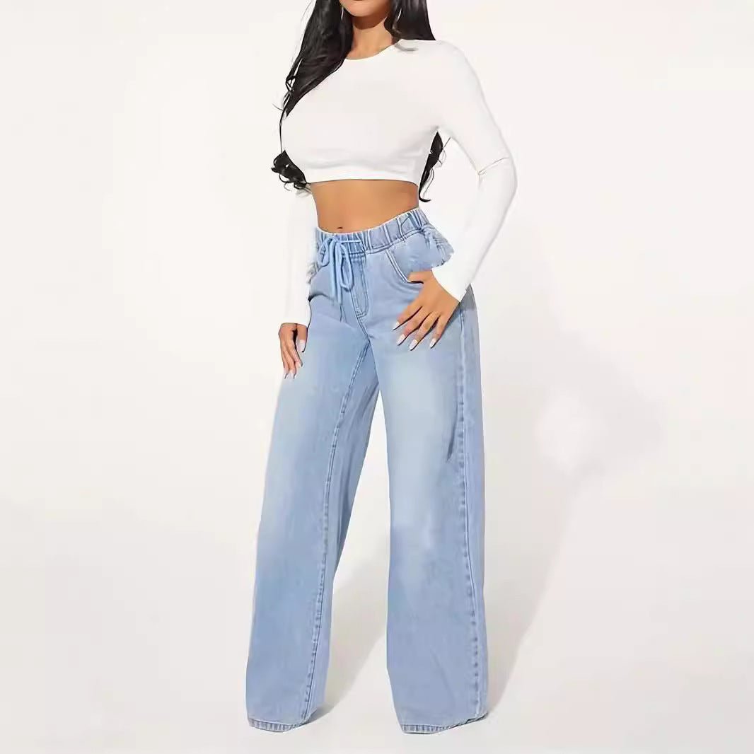 25 Edition – High Waist Drawstring Wide Leg Jeans – Light Blue - AllYearGoods