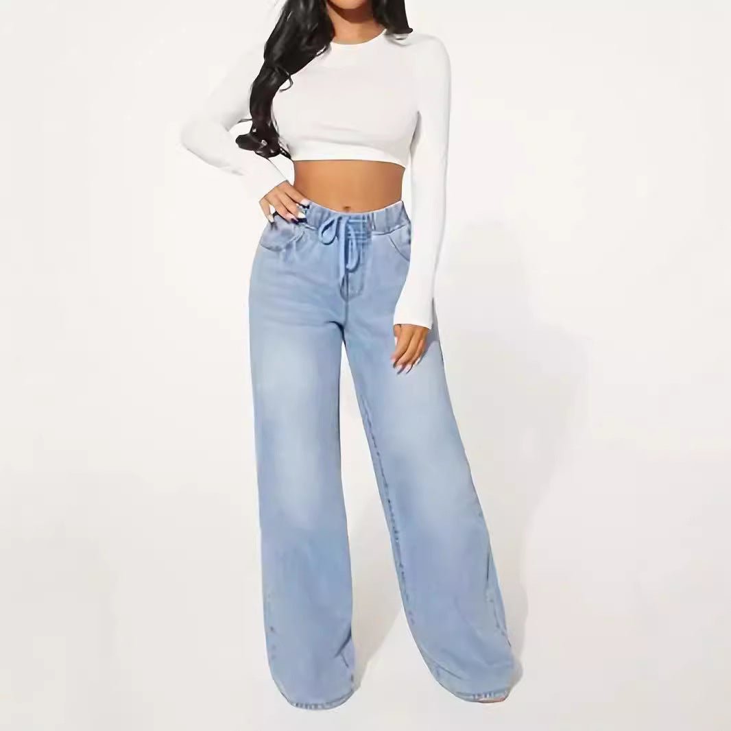 25 Edition – High Waist Drawstring Wide Leg Jeans – Light Blue - AllYearGoods