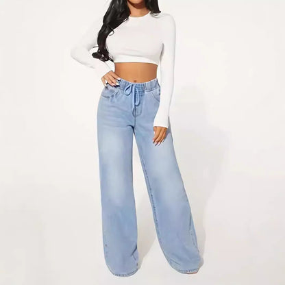 25 Edition – High Waist Drawstring Wide Leg Jeans – Light Blue - AllYearGoods