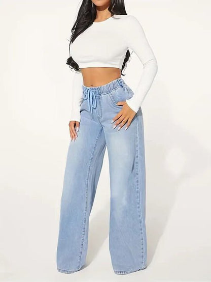 25 Edition – High Waist Drawstring Wide Leg Jeans – Light Blue - AllYearGoods