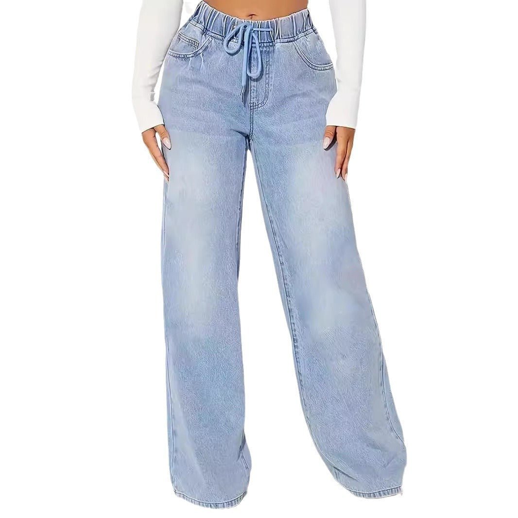 25 Edition – High Waist Drawstring Wide Leg Jeans – Light Blue - AllYearGoods