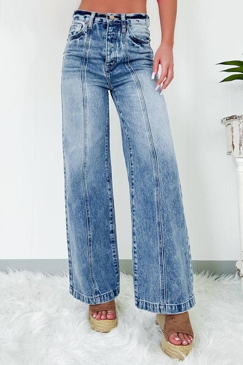 Dusk Blue Central Seamed Wide Leg High Waist Jeans - AllYearGoods
