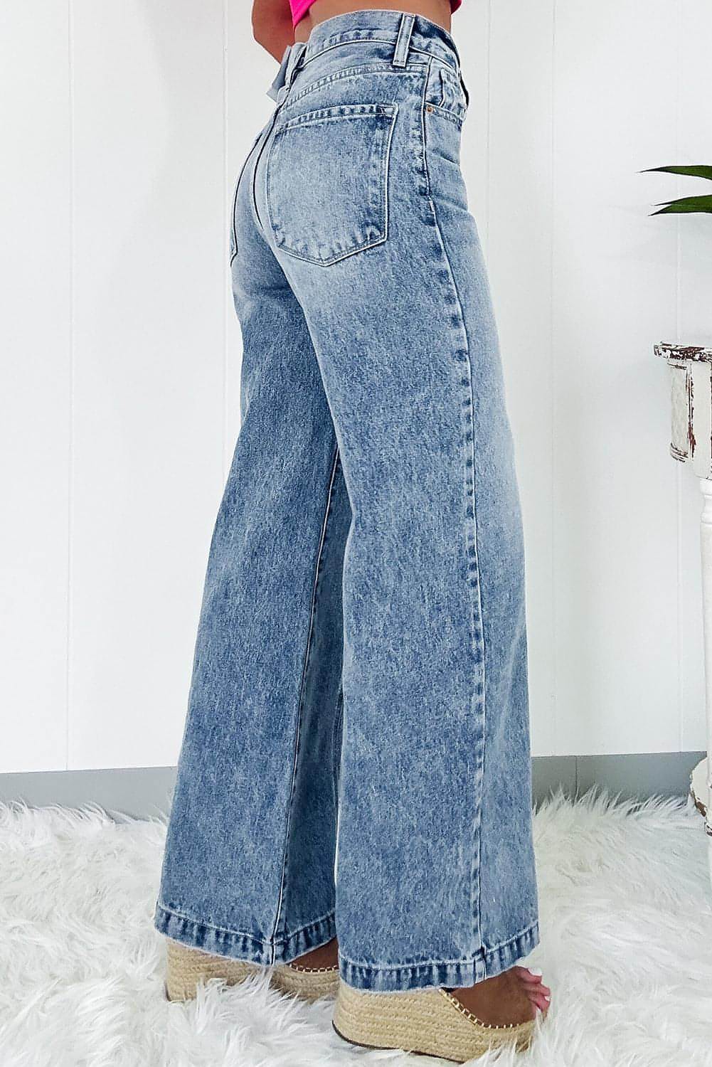 Dusk Blue Central Seamed Wide Leg High Waist Jeans - AllYearGoods