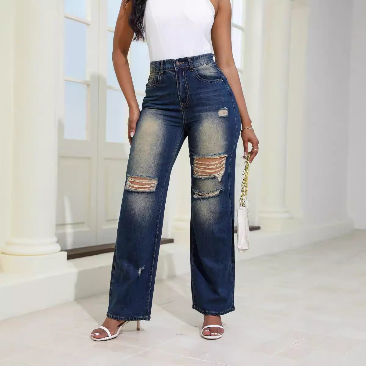 Fashion High Waist Ripped Jeans With Pockets Comfortable Slim Fit - AllYearGoods