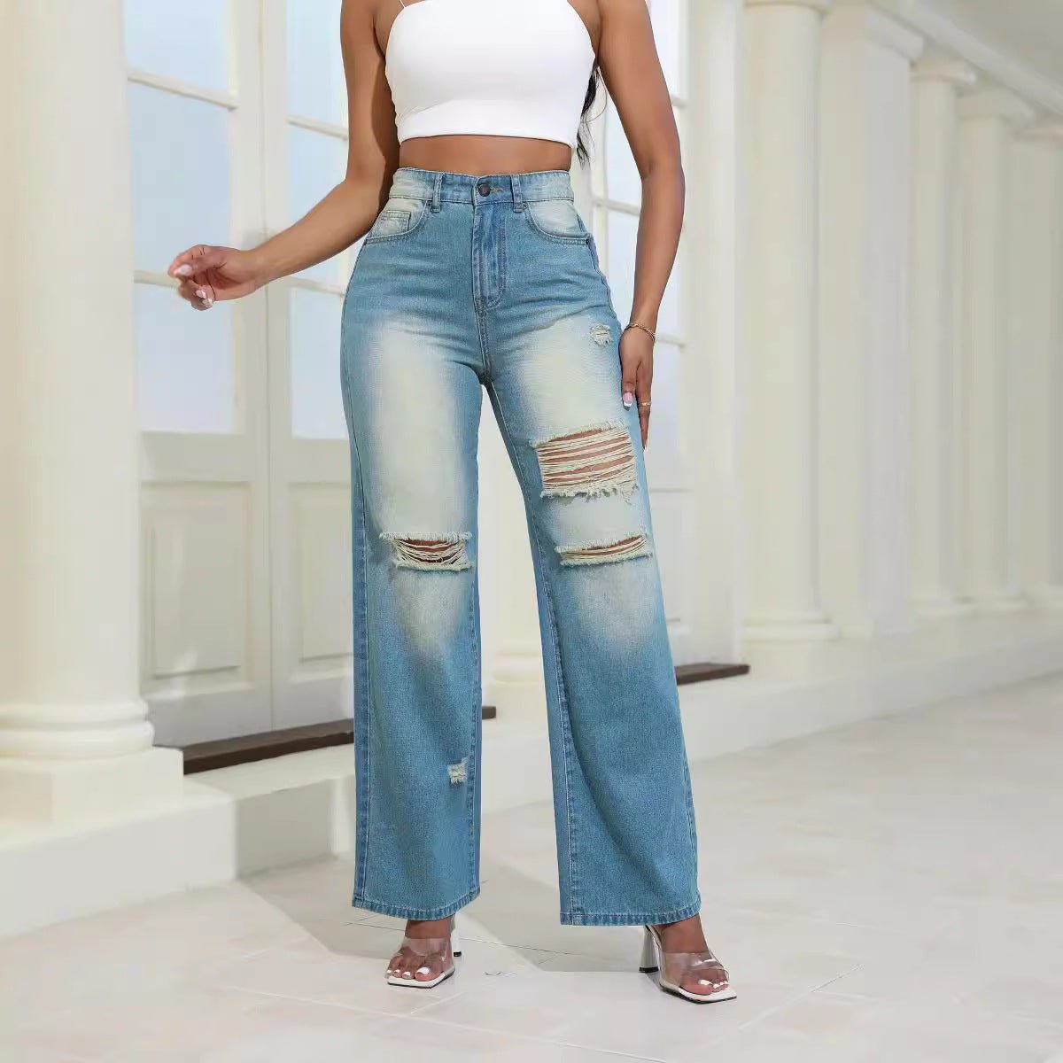 Fashion High Waist Ripped Jeans With Pockets Comfortable Slim Fit - AllYearGoods