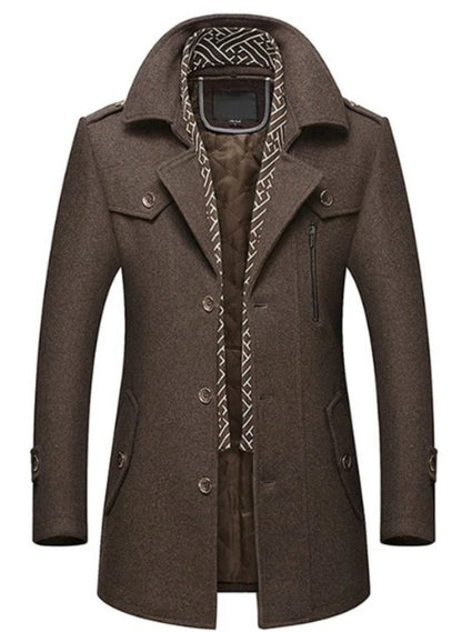 Mens Layered Collar Button Front Mid Length Coat - AllYearGoods
