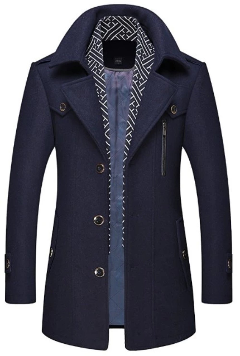 Mens Layered Collar Button Front Mid Length Coat - AllYearGoods