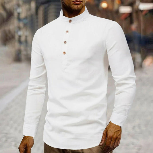 Mens Stand Collar Linen Shirt - AllYearGoods