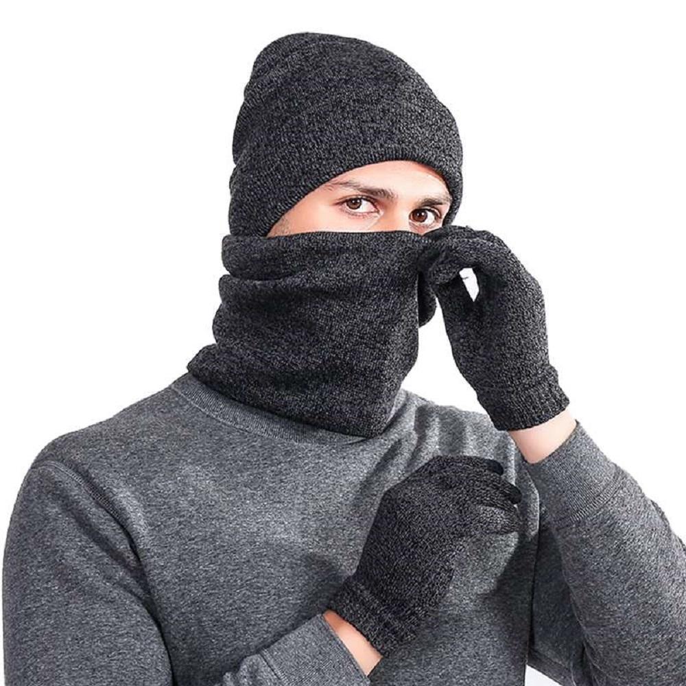 Mens Winter Beanie Hat And Neck Scarf Warmer Touch Screen Gloves Set - AllYearGoods