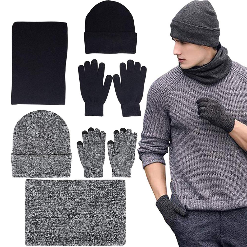 Mens Winter Beanie Hat And Neck Scarf Warmer Touch Screen Gloves Set - AllYearGoods