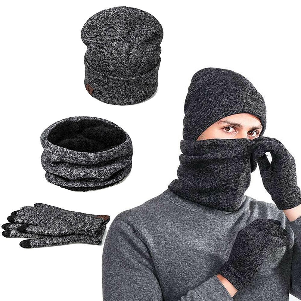 Mens Winter Beanie Hat And Neck Scarf Warmer Touch Screen Gloves Set - AllYearGoods