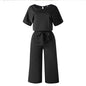 Summer Fashion Simple Short Sleeve Jumpsuit Women Wide Leg Pure Color - AllYearGoods