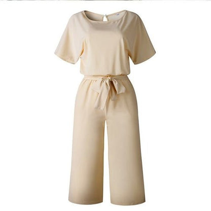 Summer Fashion Simple Short Sleeve Jumpsuit Women Wide Leg Pure Color - AllYearGoods
