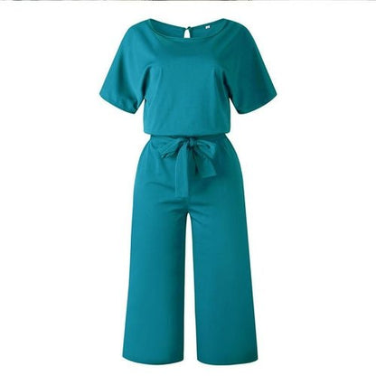 Summer Fashion Simple Short Sleeve Jumpsuit Women Wide Leg Pure Color - AllYearGoods