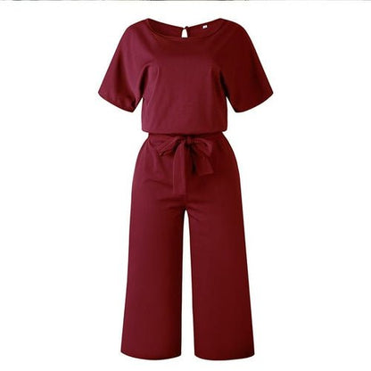 Summer Fashion Simple Short Sleeve Jumpsuit Women Wide Leg Pure Color - AllYearGoods