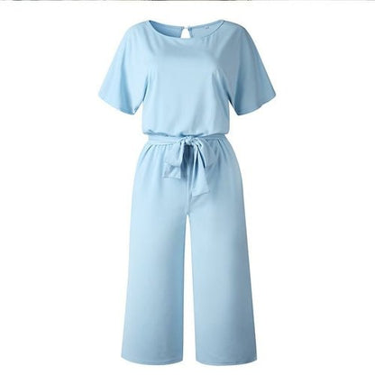 Summer Fashion Simple Short Sleeve Jumpsuit Women Wide Leg Pure Color - AllYearGoods