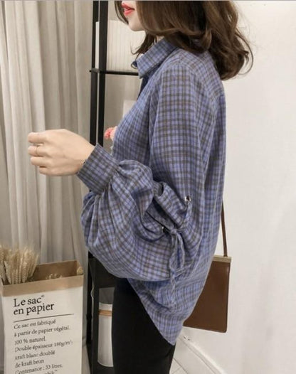 Womens Loose Fit Button Front Bell Sleeves Plaid Shirt - AllYearGoods