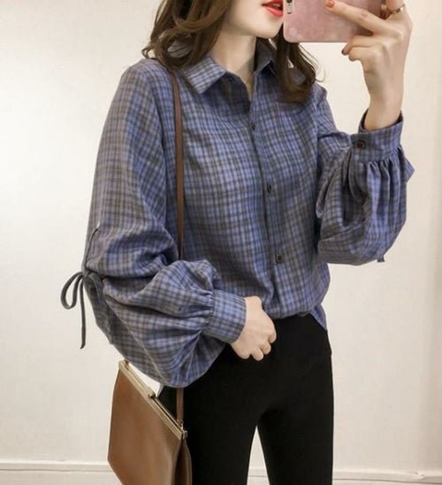 Womens Loose Fit Button Front Bell Sleeves Plaid Shirt - AllYearGoods