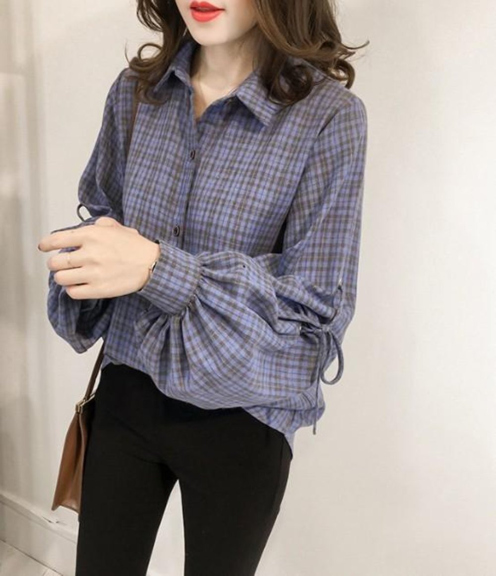 Womens Loose Fit Button Front Bell Sleeves Plaid Shirt - AllYearGoods