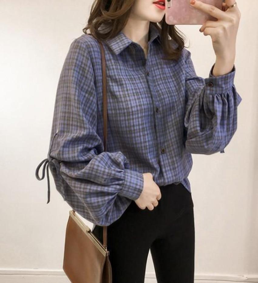 Womens Loose Fit Button Front Bell Sleeves Plaid Shirt - AllYearGoods