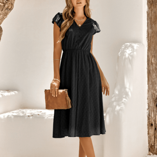 Womens V Neck Ruffle Sleeve Summer Dress - AllYearGoods