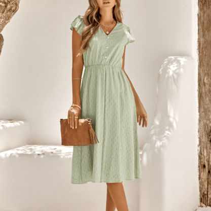 Womens V Neck Ruffle Sleeve Summer Dress - AllYearGoods